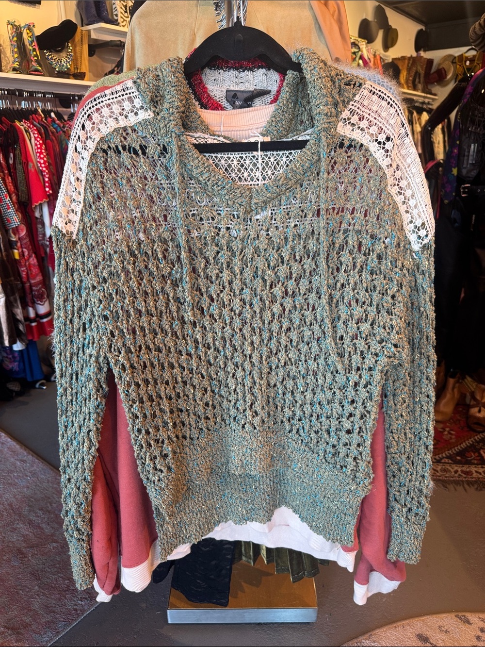 POL Open-Knit Green Lace-Shoulder Hooded Sweater